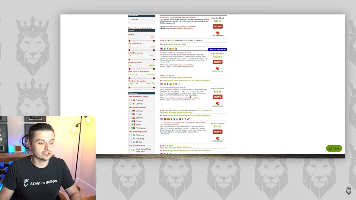 Screen grab of Peter Pru exploring different offers for affiliate marketing with Clickbank