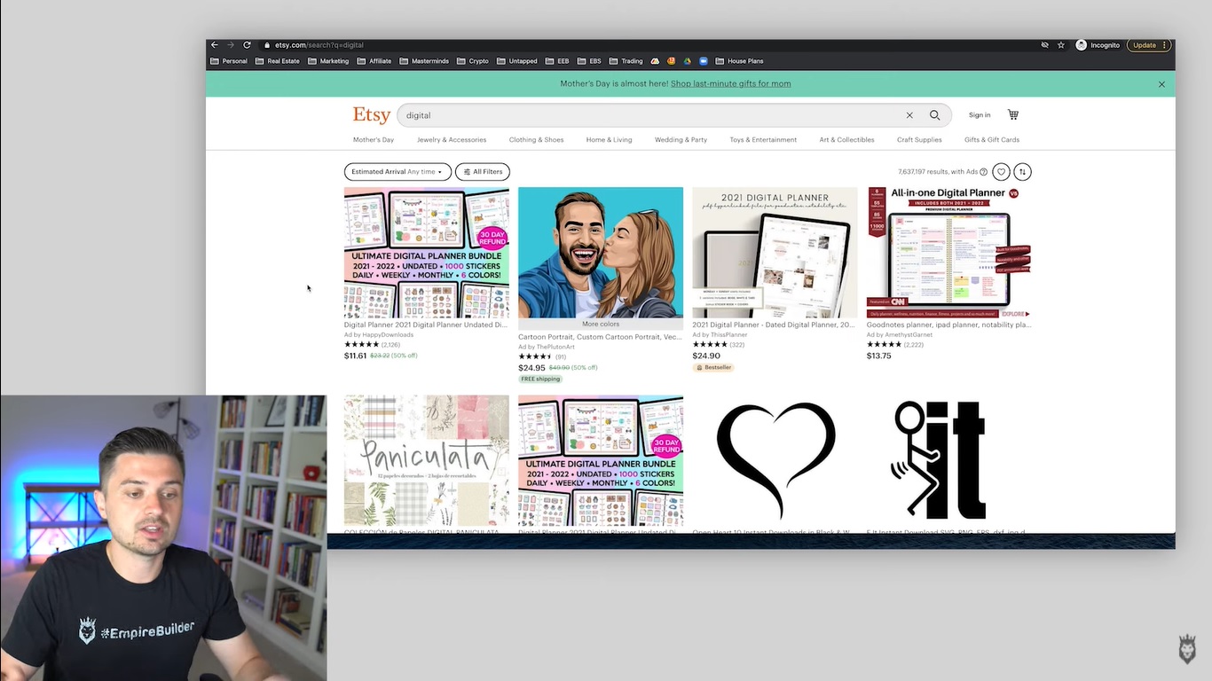 Screen grab of Peter Pru showing how to use Etsy for digital information product research